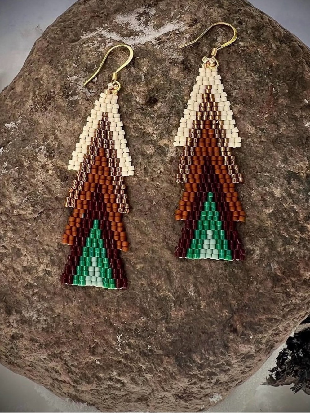 Boho Seed Bead Fringe Earrings in Brown, Cream & Green